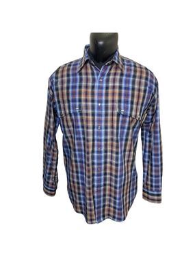 𝅺Leo Chevalier Design Western Plaid Button Up Shirt Clear Snap Sz M Blue Brown